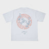 Vintage white Seek Forgiveness tee with a large circular back graphic and blue floral linework